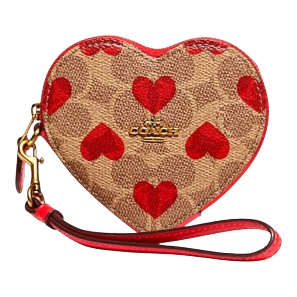 COACH SIGNATURE CANVAS HEART PRINT COIN CASE WRISTLET RED TAN ZIP